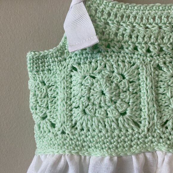 Handmade Baby Size 3 Months Green White Cotton Crochet Linen Bow Dress - Picture 6 of 14